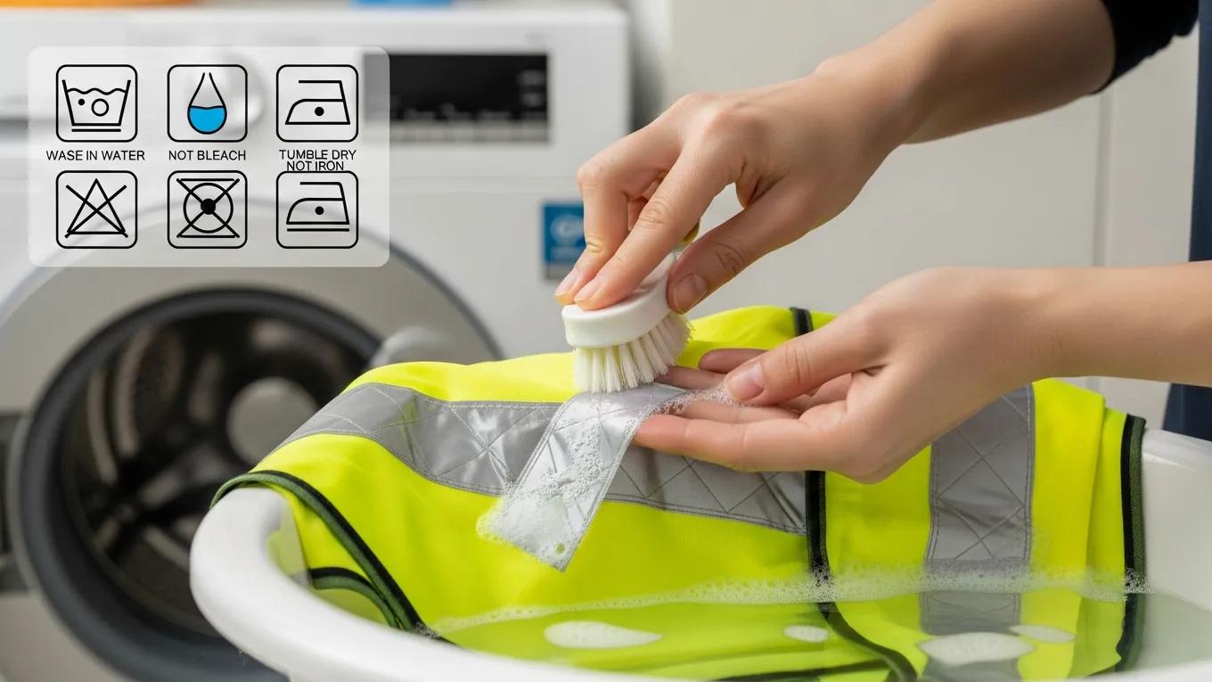 Person washing a safety vest with reflective tape in cold water