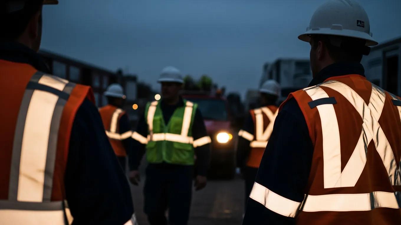 Workers in high visibility vests in low-light conditions showcasing enhanced visibility
